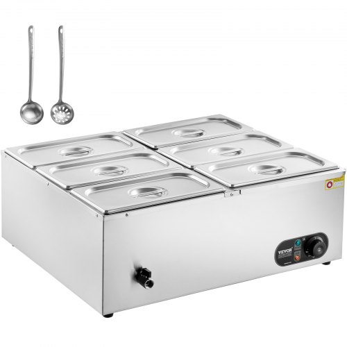 Calentador de alimentos comercial VEVOR de 6 sartenes, mesa de vapor eléctrica de 6 x 5 qt, 1500 W, encimera profesional de acero inoxidable, para bufé, baño María, con control de temperatura de 86 a 185 °F para catering y restaurantes, color plateado