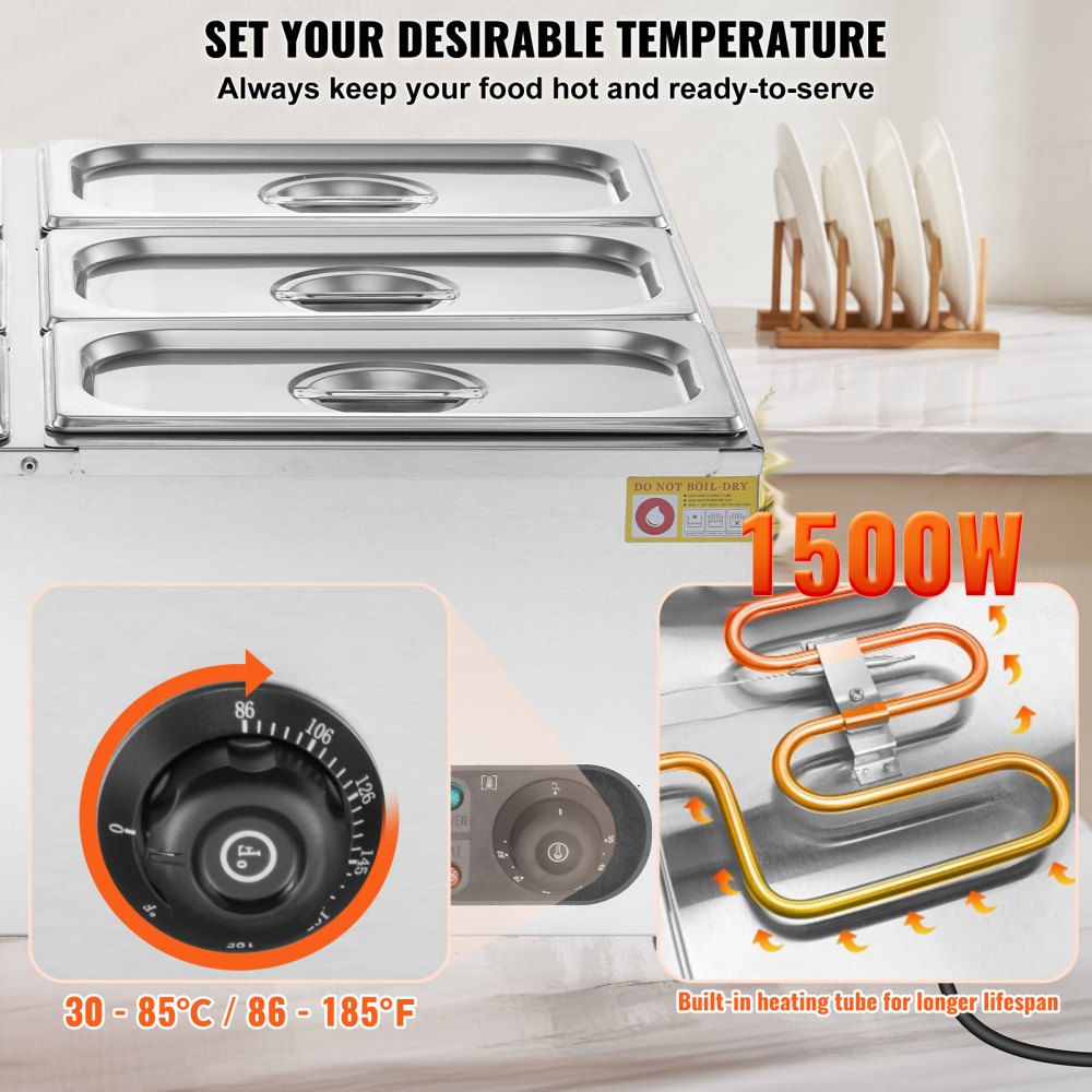 Calentador de alimentos comercial VEVOR de 6 sartenes, mesa de vapor eléctrica de 6 x 5 qt, 1500 W, encimera profesional de acero inoxidable, para bufé, baño María, con control de temperatura de 86 a 185 °F para catering y restaurantes, color plateado