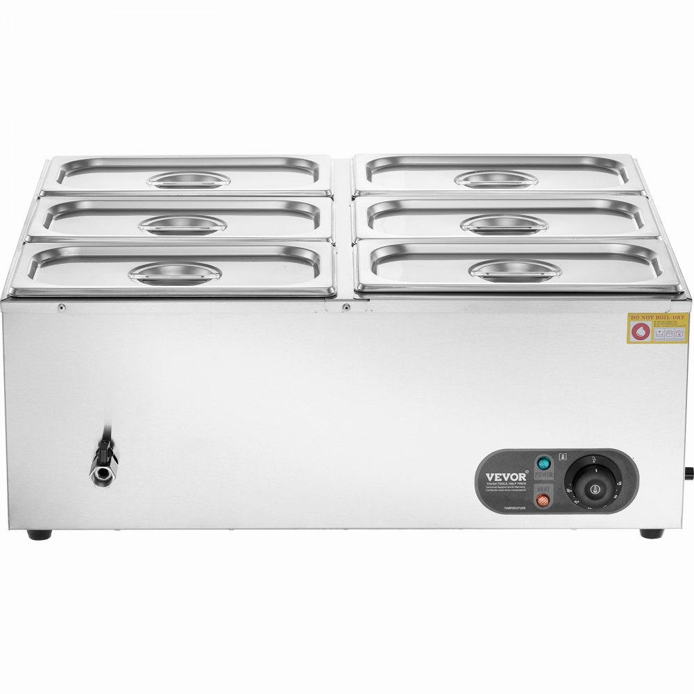Calentador de alimentos comercial VEVOR de 6 sartenes, mesa de vapor eléctrica de 6 x 5 qt, 1500 W, encimera profesional de acero inoxidable, para bufé, baño María, con control de temperatura de 86 a 185 °F para catering y restaurantes, color plateado