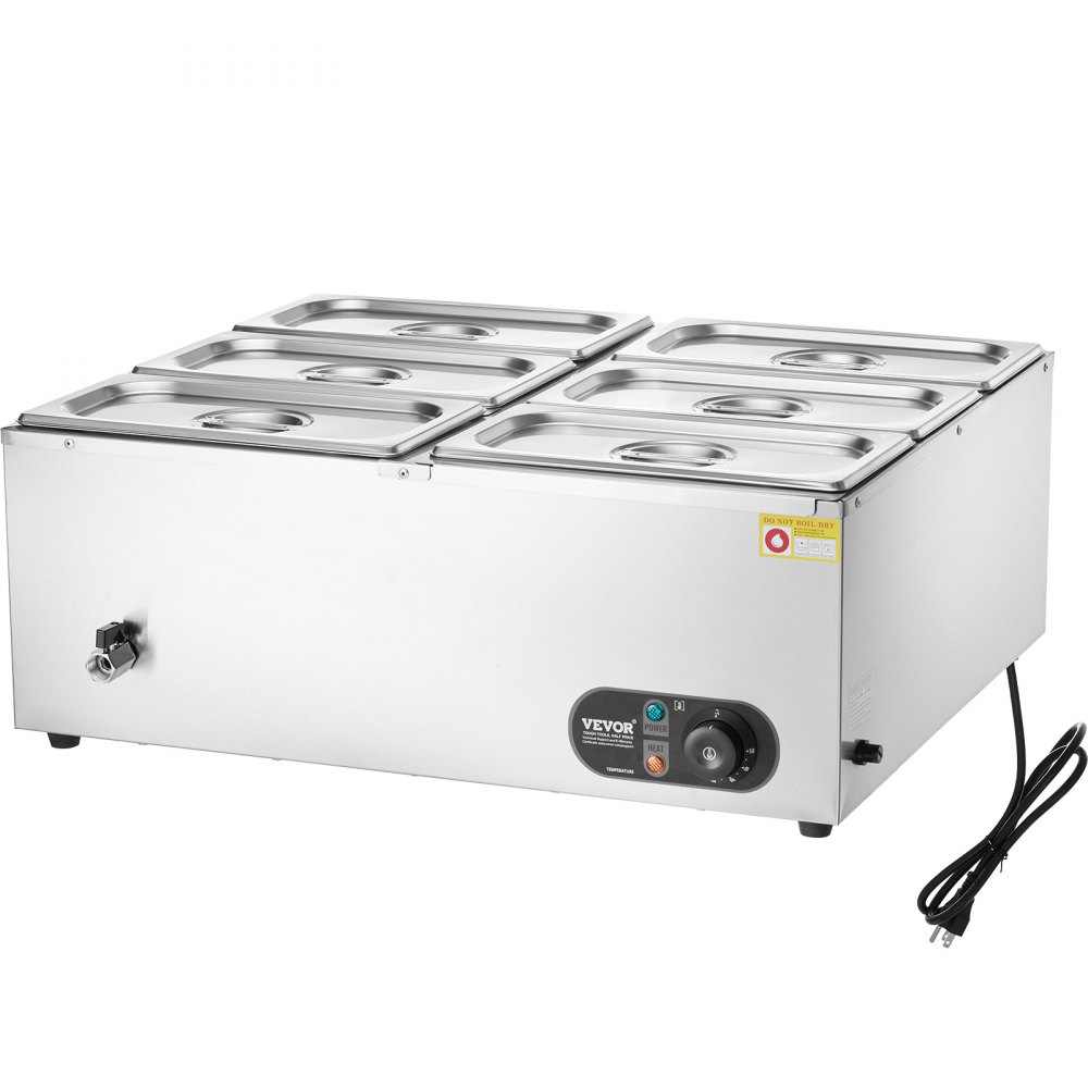 Calentador de alimentos comercial VEVOR de 6 sartenes, mesa de vapor eléctrica de 6 x 5 qt, 1500 W, encimera profesional de acero inoxidable, para bufé, baño María, con control de temperatura de 86 a 185 °F para catering y restaurantes, color plateado