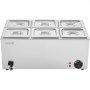 Calentador de alimentos comercial de 6 sartenes VEVOR, mesa de vapor eléctrica de 13,5 l, 1200 W, encimera profesional de acero inoxidable, para bufé, baño María, con control de temperatura de 86 a 185 °F para catering y restaurantes, color plateado