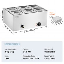 VEVOR Calentador Alimentos Eléctrico 6 Sartenes 13,5 L 1200 W 540 x 360 x 250 mm