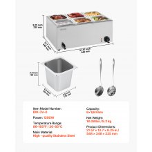 VEVOR Calentador Alimentos Eléctrico 6 Sartenes 13,5 L 1200 W 540 x 360 x 250 mm
