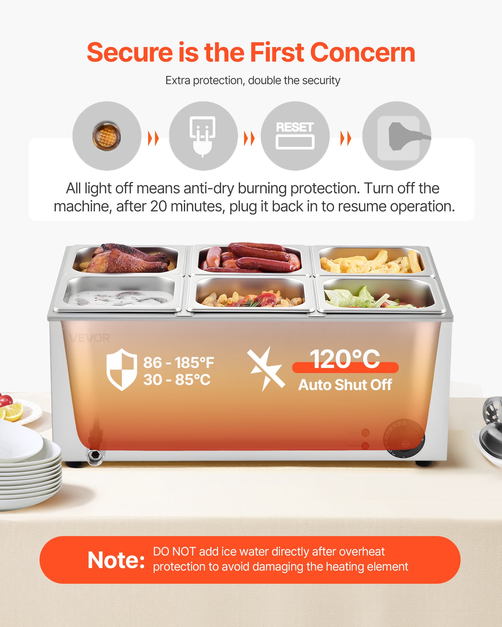 Calentador de alimentos comercial de 6 sartenes VEVOR, mesa de vapor eléctrica de 13,5 l, 1200 W, encimera profesional de acero inoxidable, para bufé, baño María, con control de temperatura de 86 a 185 °F para catering y restaurantes, color plateado