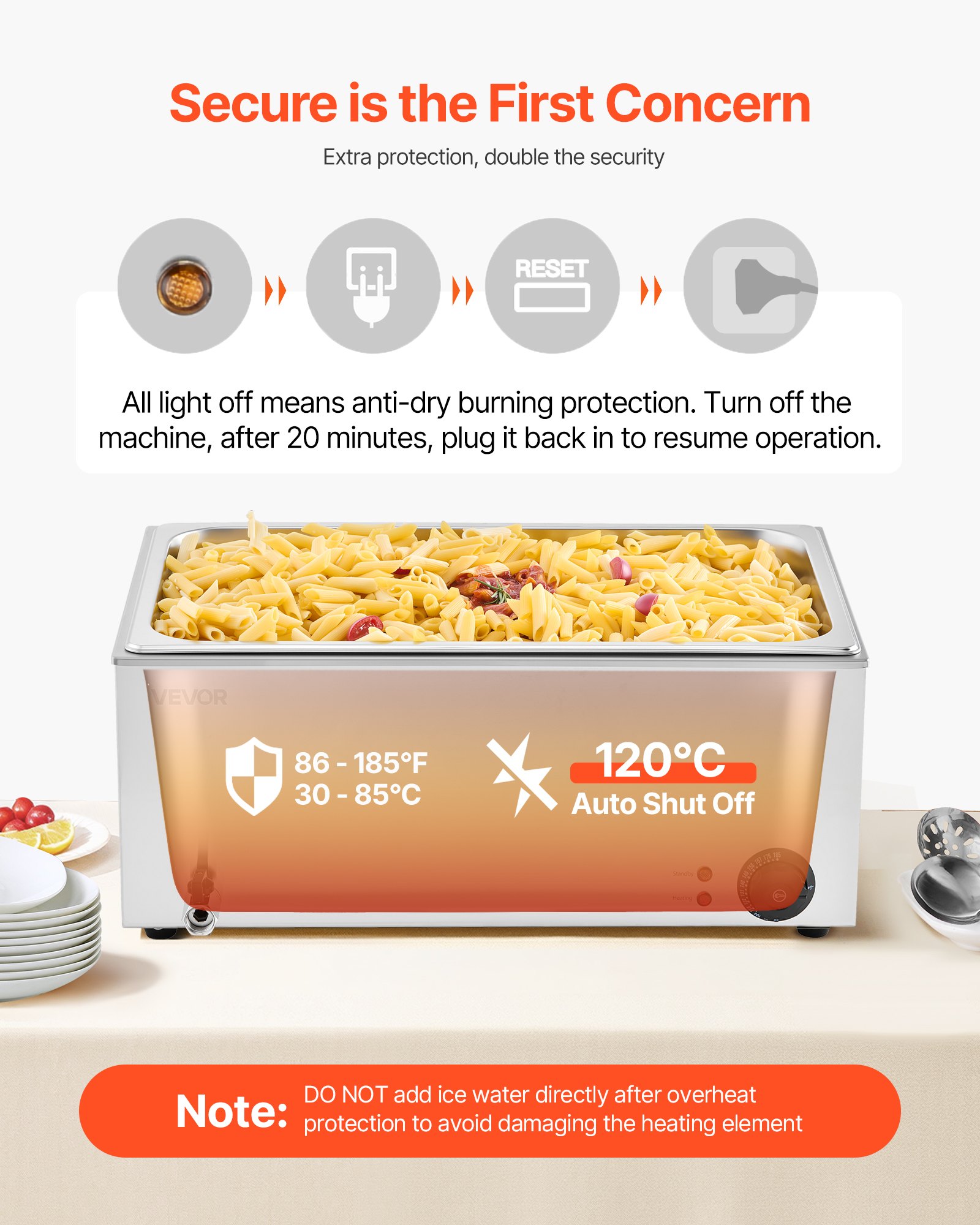 Calentador de alimentos comercial VEVOR, 1 mesa de vapor eléctrica de 18 l, 1200 W, encimera profesional de acero inoxidable, para bufé, baño María, con control de temperatura de 86 a 185 °F para catering y restaurantes, color plateado