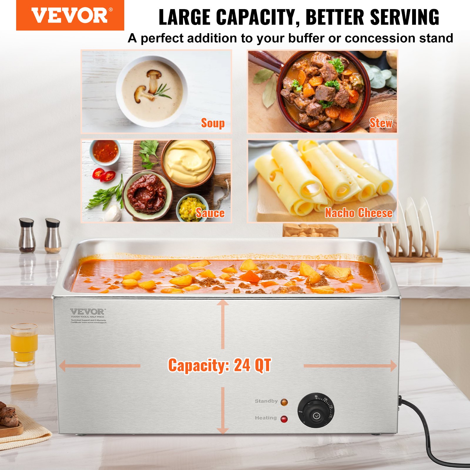 VEVOR Calentador de alimentos comercial de 18 l, calentador de bufé eléctrico de 1200 W para baño maría, calentador de alimentos para mesa de vapor, calentador de alimentos de acero inoxidable para encimera, uso húmedo o seco para fiestas, catering y restaurantes
