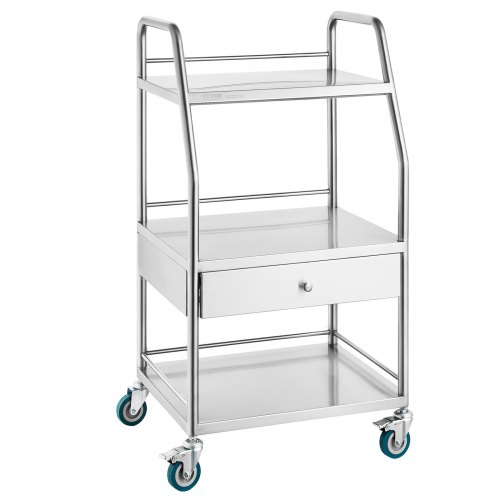 VEVOR Carrito de Servicio de Laboratorio de 3 Niveles con 1 Cajón Carrito de Acero Inoxidable para Uso Dental con 4 Ruedas, 2 con Freno, para Laboratorio, Hospital, Odontología, 54 x 46 x 99 cm