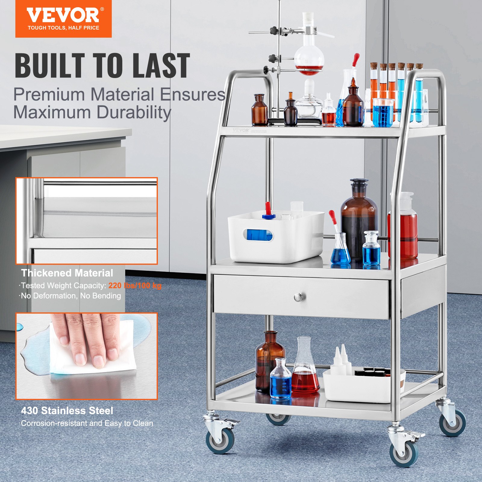 VEVOR Carrito de Servicio de Laboratorio de 3 Niveles con 1 Cajón Carrito de Acero Inoxidable para Uso Dental con 4 Ruedas, 2 con Freno, para Laboratorio, Hospital, Odontología, 54 x 46 x 99 cm