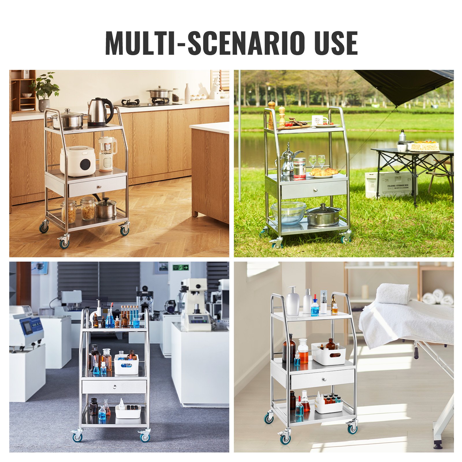 VEVOR Carrito de Servicio de Laboratorio de 3 Niveles con 1 Cajón Carrito de Acero Inoxidable para Uso Dental con 4 Ruedas, 2 con Freno, para Laboratorio, Hospital, Odontología, 54 x 46 x 99 cm