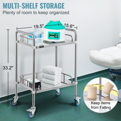 VEVOR Carrito Médico de Laboratorio, Carrito Acero Inoxidable de 2 Capas para Hospitales, Carrito de Metal con 4 Ruedas Omnidireccional para Clínicas Cafeterías Hoteles