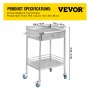 VEVOR Carrito de Sercivio con 2 Capas y 1 Cajón 53.1 x 41.9 x 77.2 cm, Carrito de Laboratorio de Acero Inoxidable, Carrito Médico con 4 Ruedas Omnidireccional para Cafeterías y Hoteles