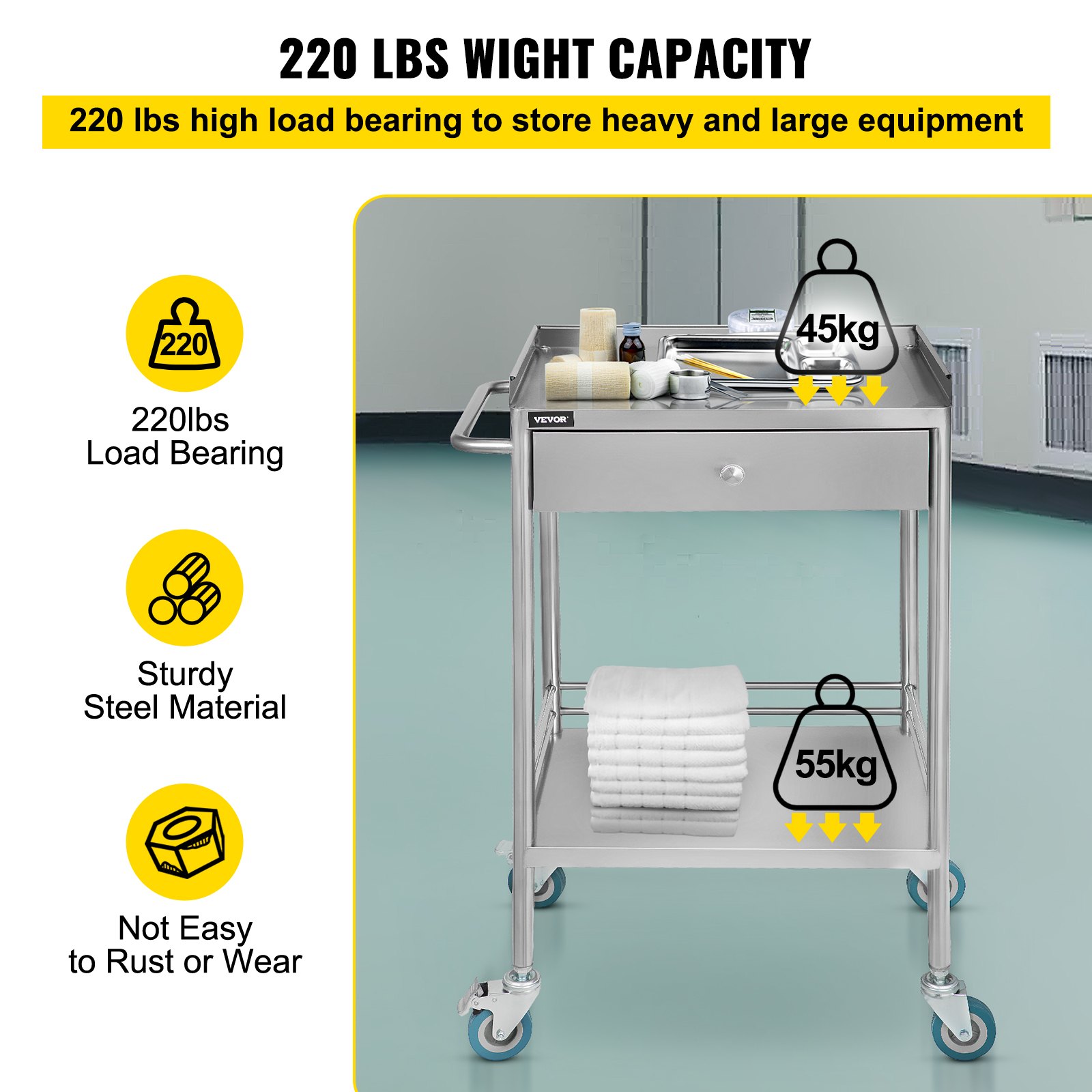VEVOR Carrito de Sercivio con 2 Capas y 1 Cajón 53.1 x 41.9 x 77.2 cm, Carrito de Laboratorio de Acero Inoxidable, Carrito Médico con 4 Ruedas Omnidireccional para Cafeterías y Hoteles