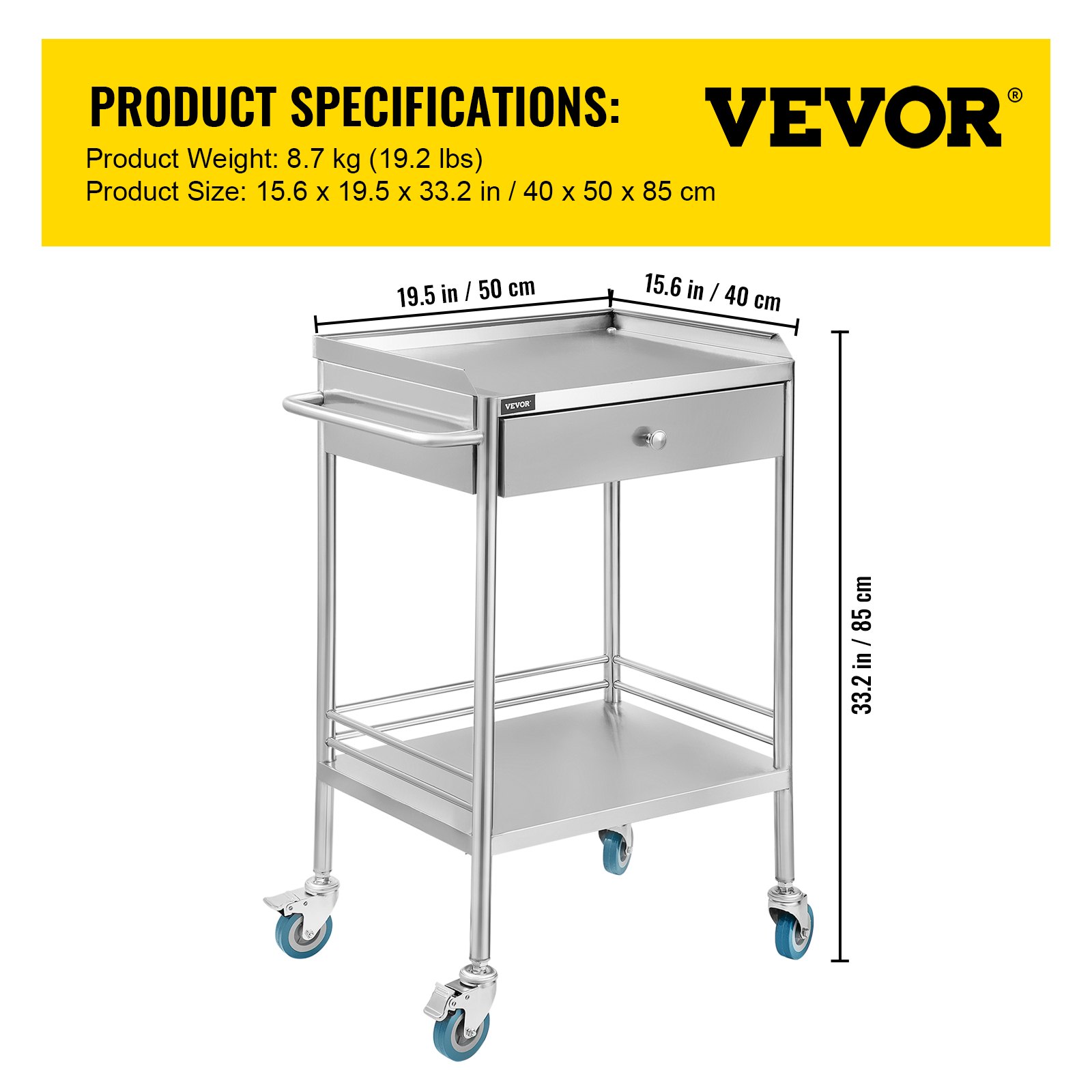 VEVOR Carrito de Sercivio con 2 Capas y 1 Cajón 53.1 x 41.9 x 77.2 cm, Carrito de Laboratorio de Acero Inoxidable, Carrito Médico con 4 Ruedas Omnidireccional para Cafeterías y Hoteles
