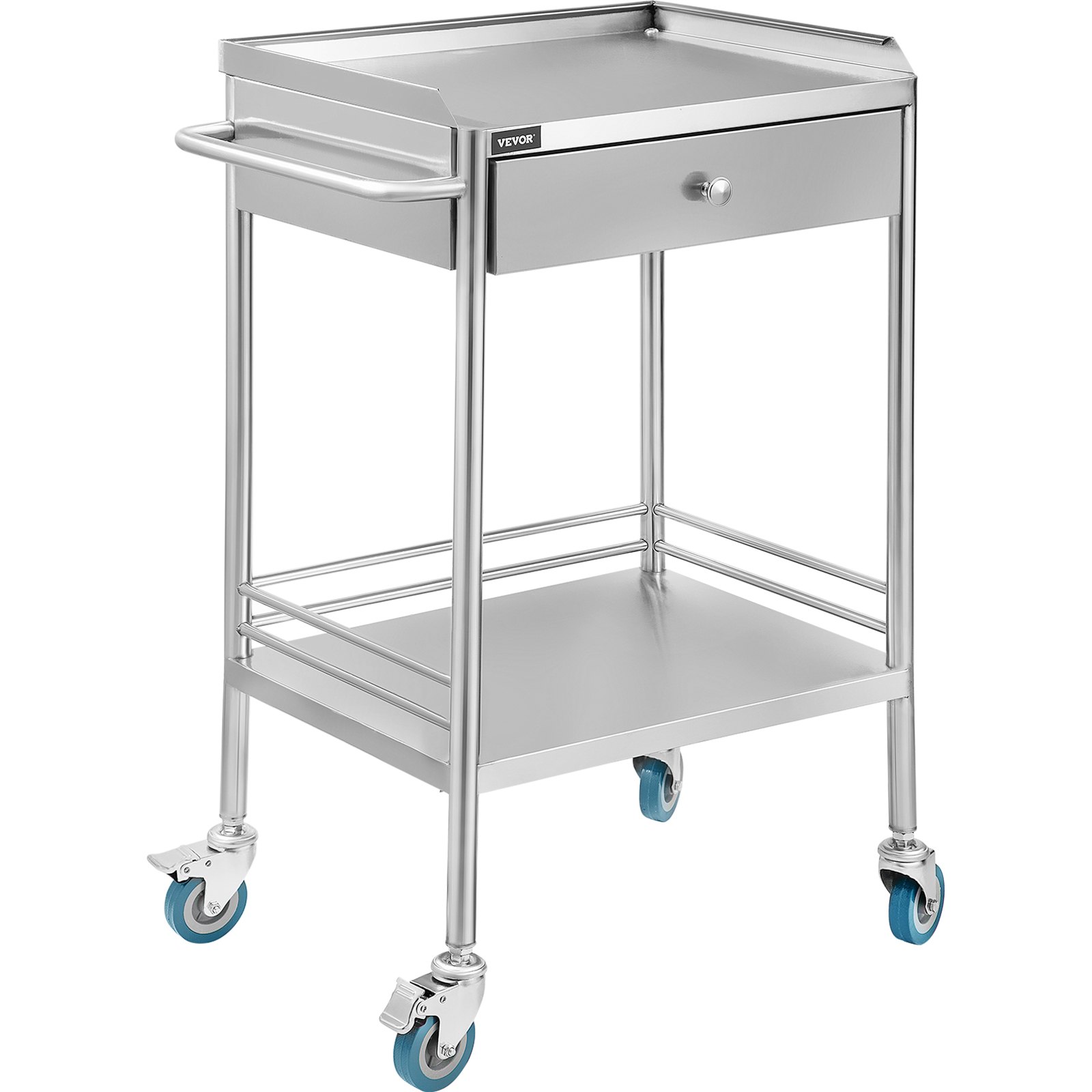 VEVOR Carrito de Sercivio con 2 Capas y 1 Cajón 53.1 x 41.9 x 77.2 cm, Carrito de Laboratorio de Acero Inoxidable, Carrito Médico con 4 Ruedas Omnidireccional para Cafeterías y Hoteles