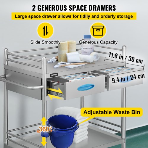 VEVOR Carrito de Médico con 2 Capas y 2 Cajones 59,9 x 42,9 x 85,1 cm, Carrito de Laboratorio de Acero Inoxidable, Carrito de Metal con 4 Ruedas Omnidireccional para Clínicas, SPA y Hoteles