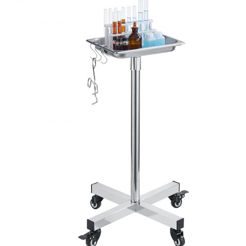 VEVOR Carro de Bandeja Quirúrgica de Acero Inoxidable Altura Ajustable de 81-140 cm Bandeja Quirúrgica con Ruedas Carga 16,5 kg Movimiento Silencioso para Almacenamiento Clínico Hotel Salón de Belleza