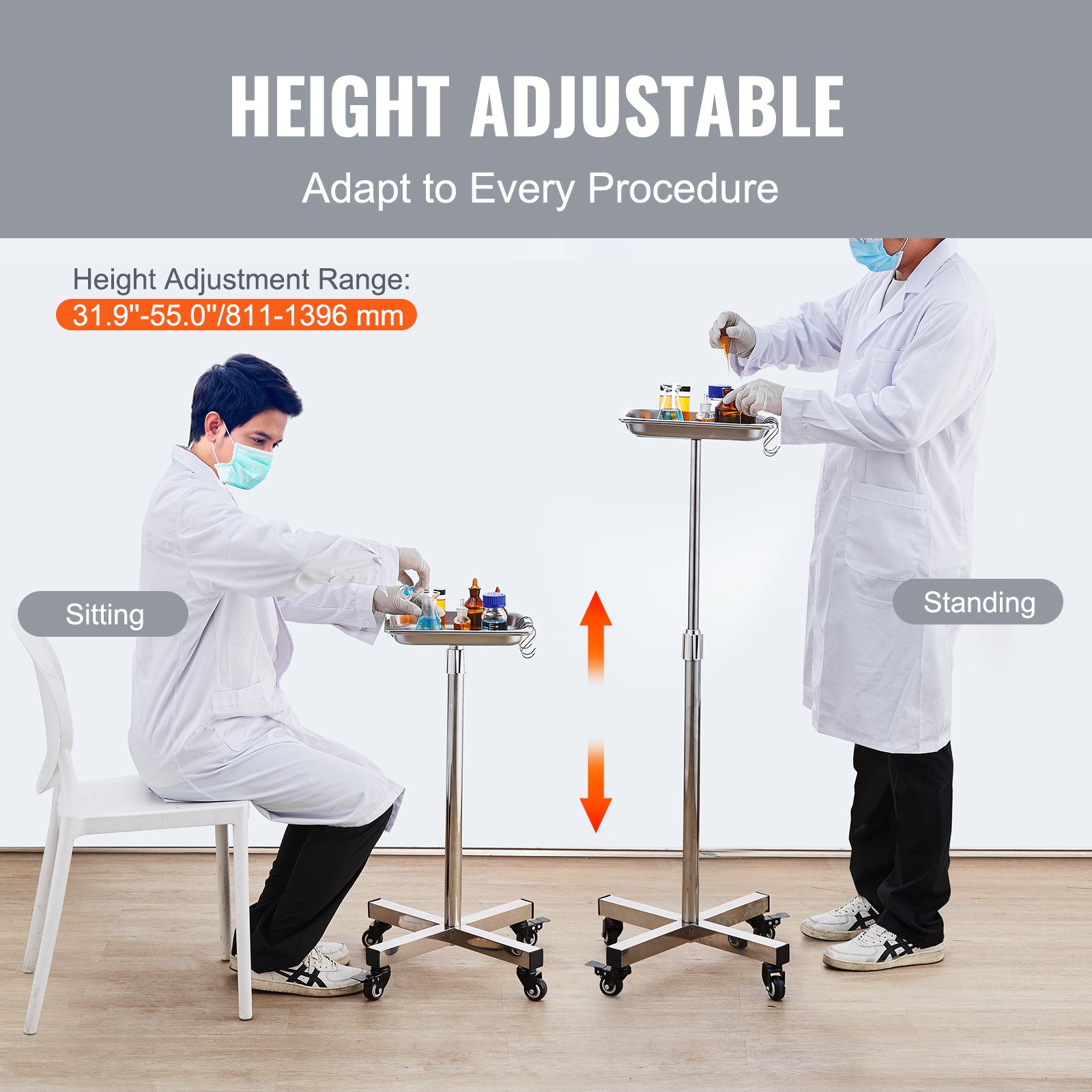VEVOR Carro de Bandeja Quirúrgica de Acero Inoxidable Altura Ajustable de 81-140 cm Bandeja Quirúrgica con Ruedas Carga 16,5 kg Movimiento Silencioso para Almacenamiento Clínico Hotel Salón de Belleza
