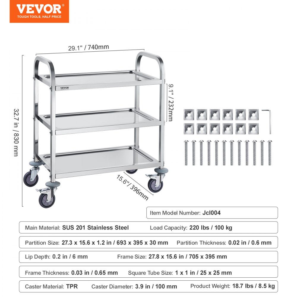 VEVOR Carro de Laboratorio 3 Niveles 4 Ruedas Carrito de Médico 74x39,6x86 cm Carro de Acero Inoxidable Carga de 100 kg Movimiento Silencioso para Almacenamiento Clínico Cocina Hotel Salón de Belleza