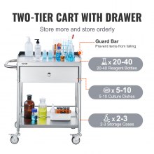 VEVOR Carro de Laboratorio de Acero Inoxidable 2 Niveles Carrito de Médico 71x42x78,5 cm Carro con Cajón Carga de 100 kg Movimiento Silencioso para Almacenamiento Clínico Cocina Hotel Salón de Belleza