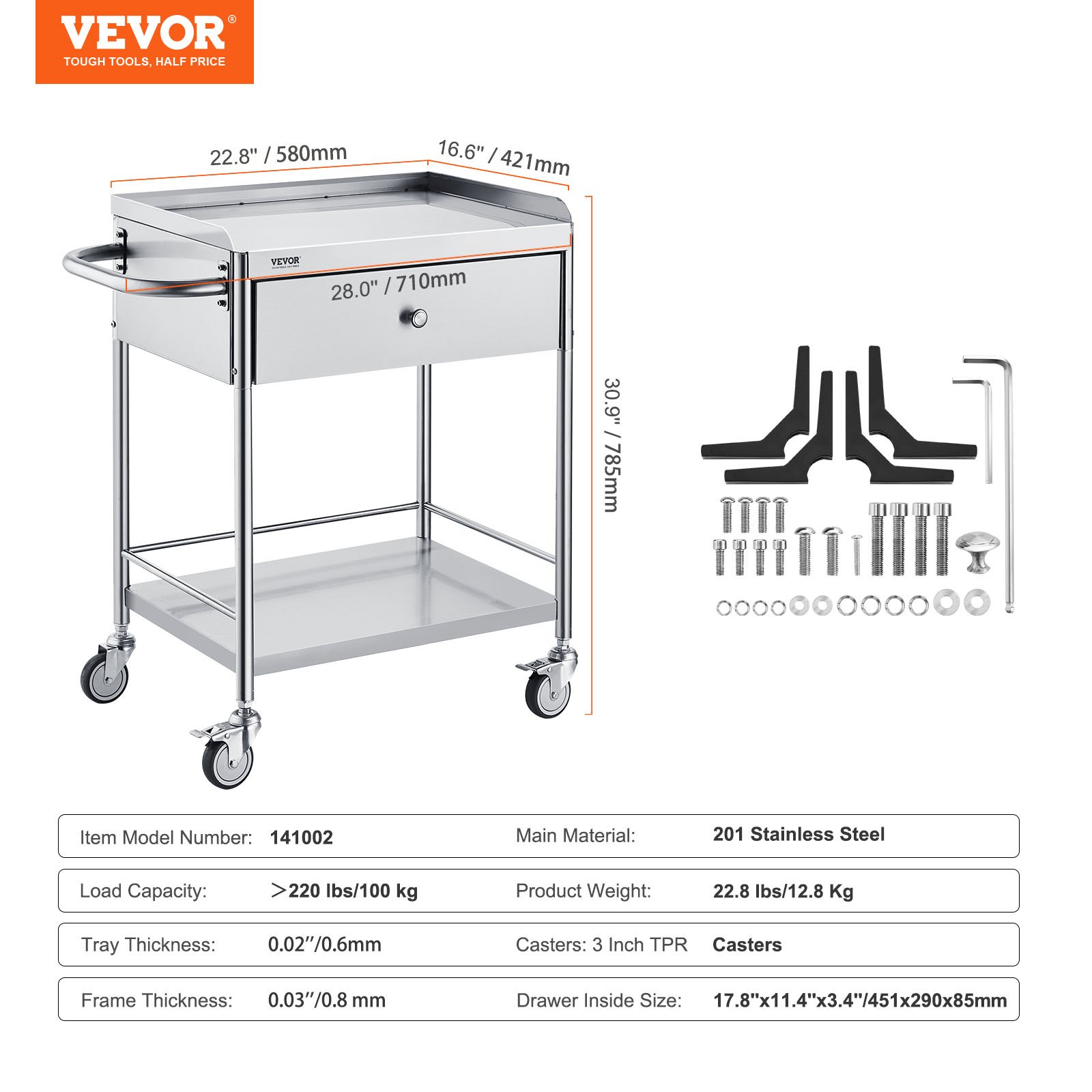 VEVOR Two-Tier Laboratory Trolley, Equipment Trolley, Medical Technology Serving Trolley 201 Stainless Steel Portable Clearing Trolley with Drawers, 100 kg Load Capacity, 710 x 421 x 785 mm (with handle) Laboratory Rolling Cart