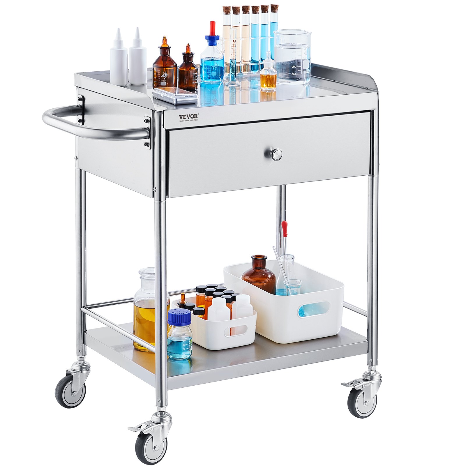 VEVOR Two-Tier Laboratory Trolley, Equipment Trolley, Medical Technology Serving Trolley 201 Stainless Steel Portable Clearing Trolley with Drawers, 100 kg Load Capacity, 710 x 421 x 785 mm (with handle) Laboratory Rolling Cart