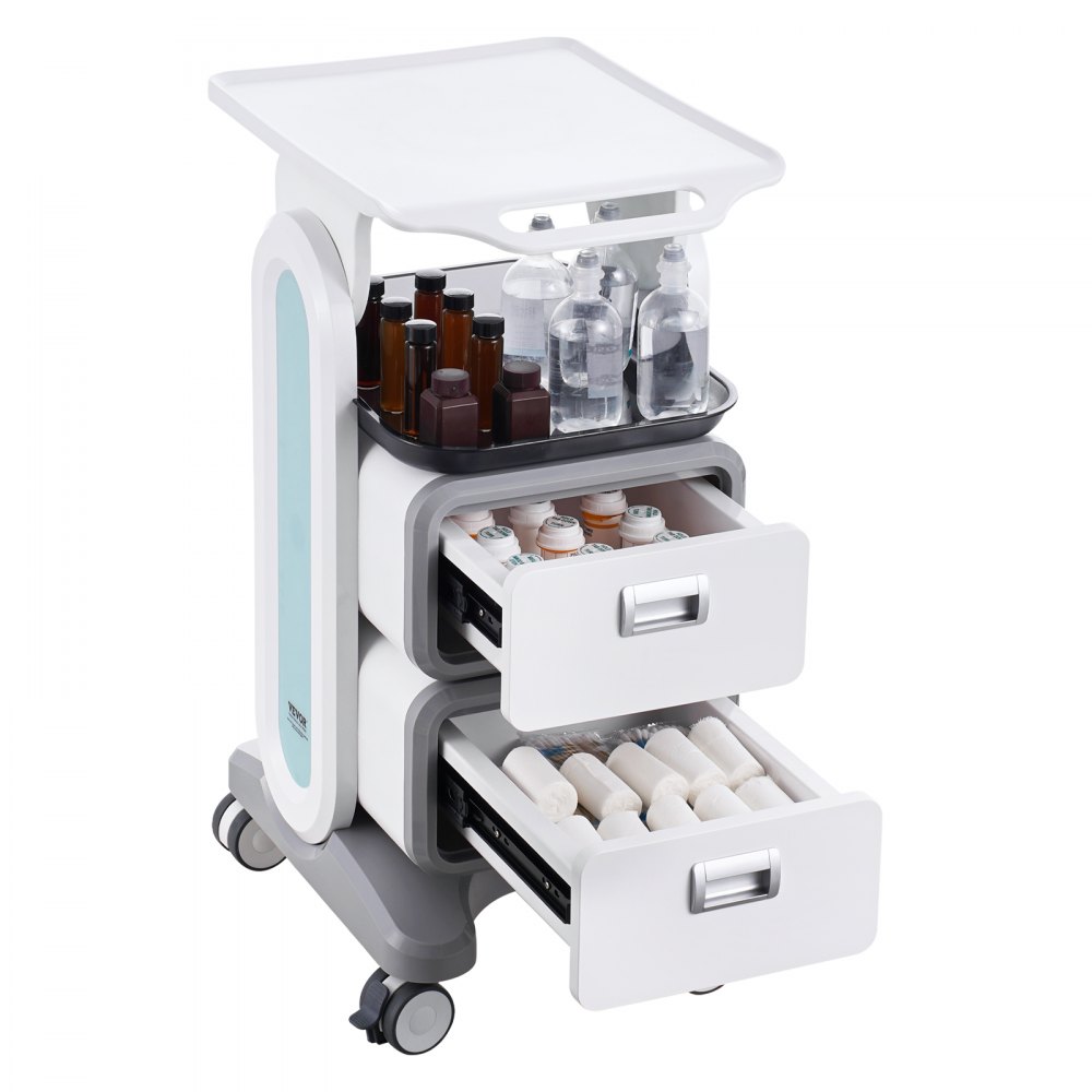 VEVOR Carros de laboratorio de 3 niveles, carro utilitario de laboratorio con 2 cajones y 1 bandeja superior, carro médico móvil con material ABS, carro rodante de laboratorio con 4 ruedas silenciosas para laboratorio, clínica, hospital, salón, blanco