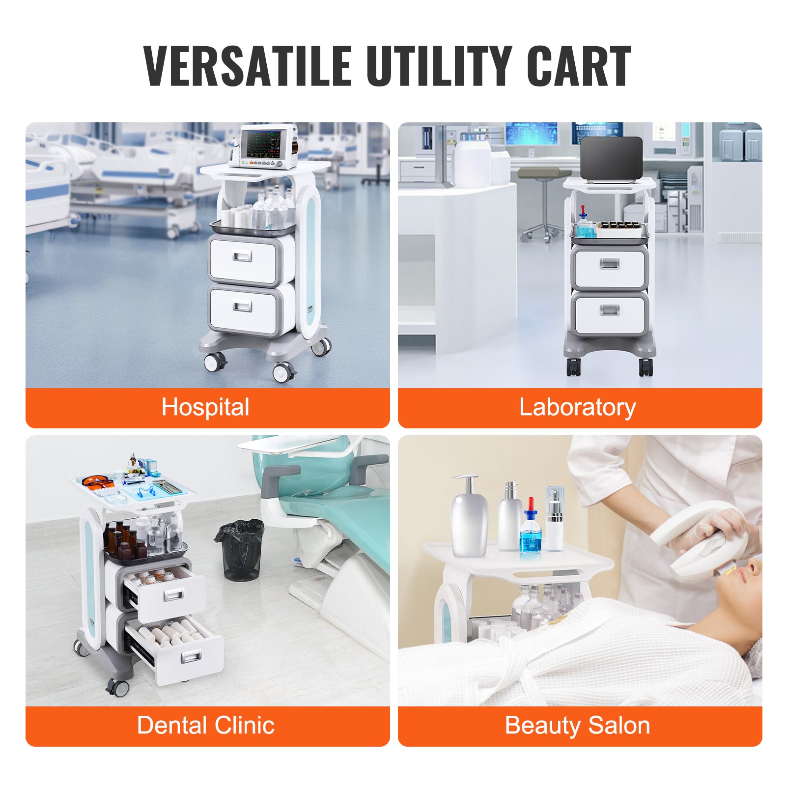 VEVOR Carros de laboratorio de 3 niveles, carro utilitario de laboratorio con 2 cajones y 1 bandeja superior, carro médico móvil con material ABS, carro rodante de laboratorio con 4 ruedas silenciosas para laboratorio, clínica, hospital, salón, blanco