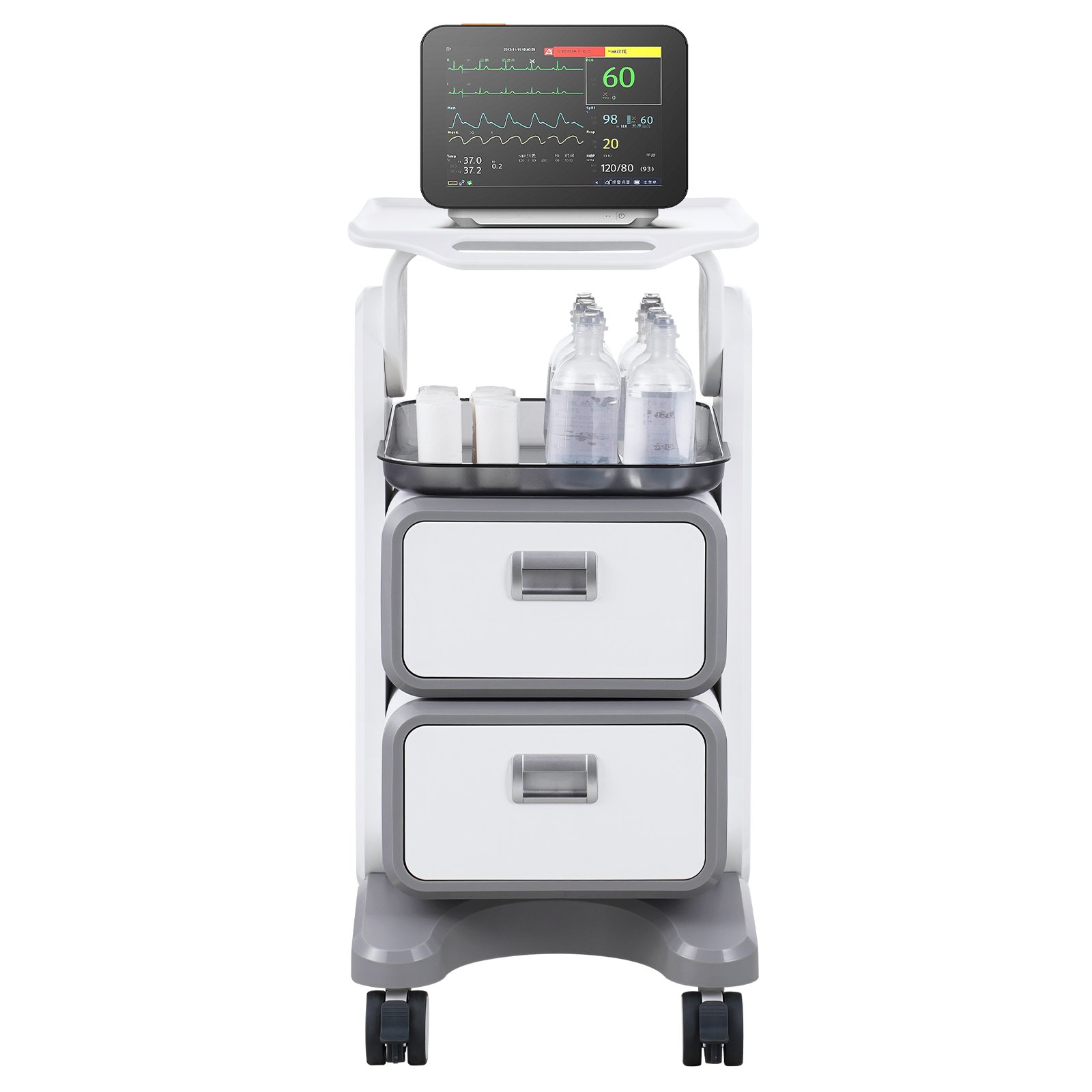 VEVOR Carros de laboratorio de 3 niveles, carro utilitario de laboratorio con 2 cajones y 1 bandeja superior, carro médico móvil con material ABS, carro rodante de laboratorio con 4 ruedas silenciosas para laboratorio, clínica, hospital, salón, blanco
