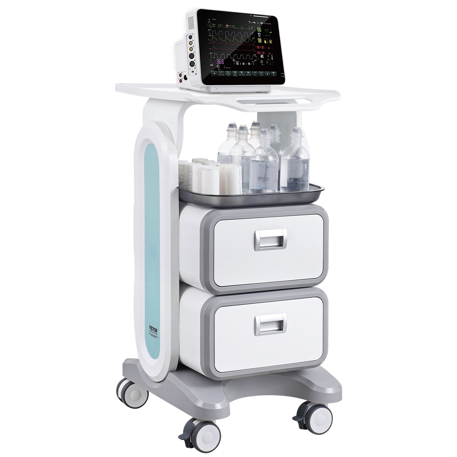 VEVOR Carros de laboratorio de 3 niveles, carro utilitario de laboratorio con 2 cajones y 1 bandeja superior, carro médico móvil con material ABS, carro rodante de laboratorio con 4 ruedas silenciosas para laboratorio, clínica, hospital, salón, blanco