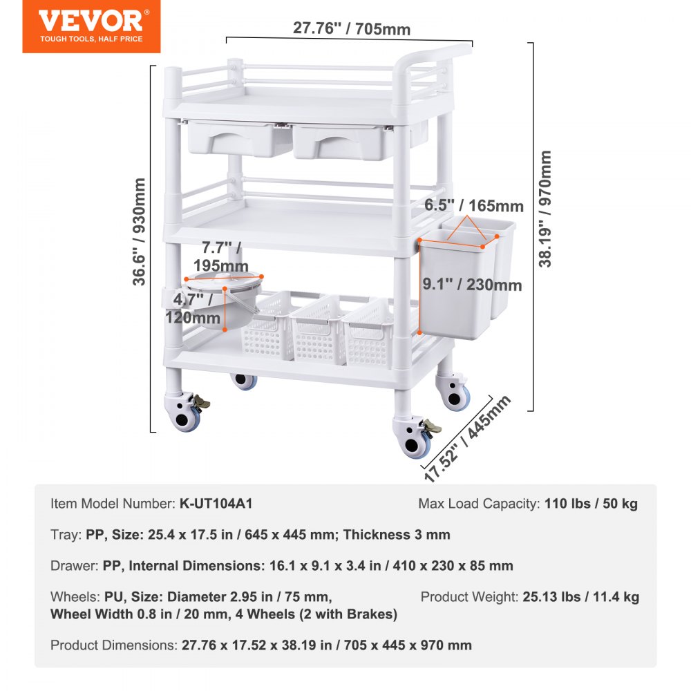 VEVOR - Carros de laboratorio de 3 niveles, carro utilitario de laboratorio con 3 bandejas y 4 ruedas silenciosas, carro médico móvil con material PP, carro rodante de laboratorio con 3 botes de basura para laboratorio, clínica, hospital, salón, color blanco