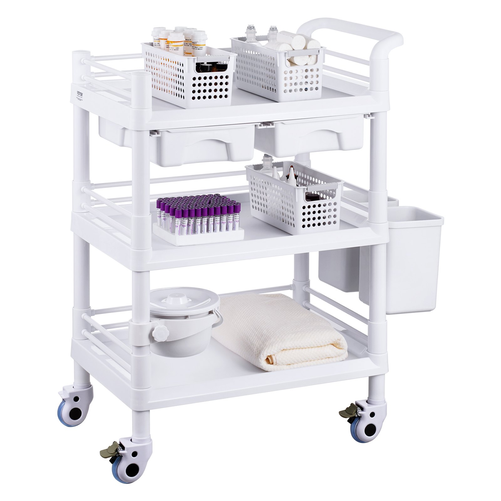 VEVOR - Carros de laboratorio de 3 niveles, carro utilitario de laboratorio con 3 bandejas y 4 ruedas silenciosas, carro médico móvil con material PP, carro rodante de laboratorio con 3 botes de basura para laboratorio, clínica, hospital, salón, color blanco