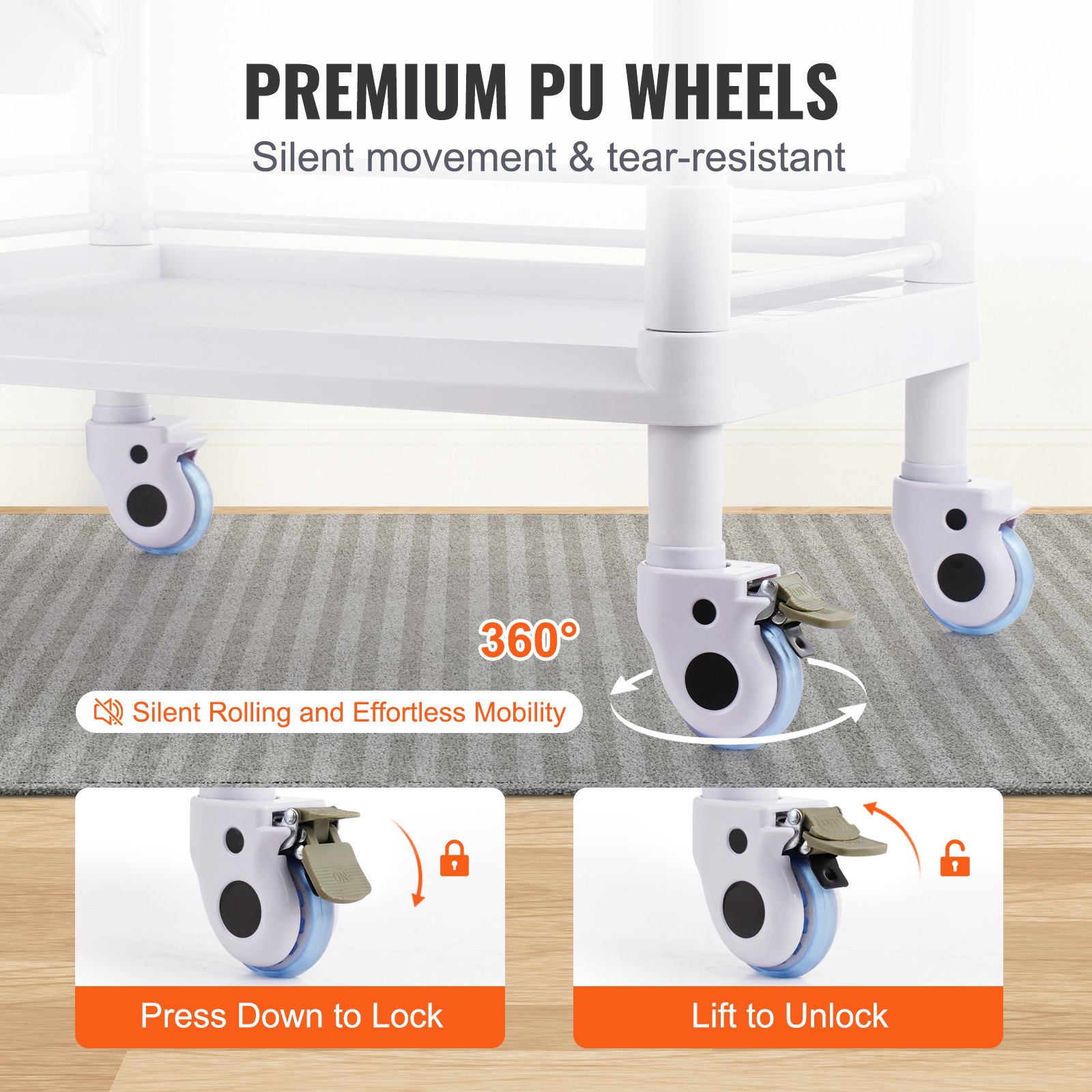 VEVOR 2-Tier Laboratory Trolley, Laboratory Trolley with 2 Shelves, 2 Drawers and 4 Quiet Wheels, Mobile Medical Trolley Made of PP Material, Laboratory Trolley with 3 Waste Bins for Laboratory, Clinic, Hospital, Salon, White