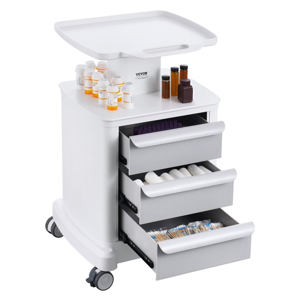 VEVOR Carros de laboratorio de 4 niveles, carro utilitario de laboratorio con 3 cajones y 1 bandeja superior, carro médico móvil con material ABS, carro rodante de laboratorio con 4 ruedas silenciosas para laboratorio, clínica, hospital, salón, blanco