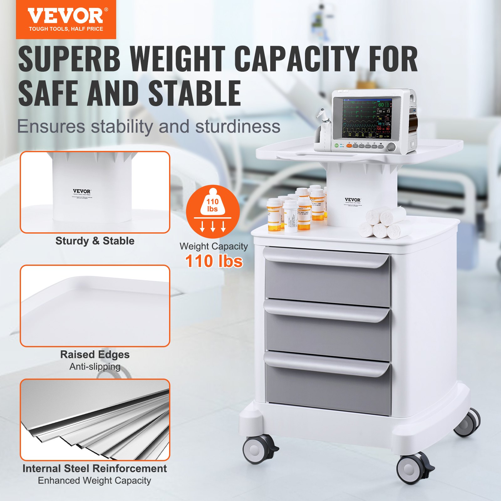 VEVOR Carros de laboratorio de 4 niveles, carro utilitario de laboratorio con 3 cajones y 1 bandeja superior, carro médico móvil con material ABS, carro rodante de laboratorio con 4 ruedas silenciosas para laboratorio, clínica, hospital, salón, blanco