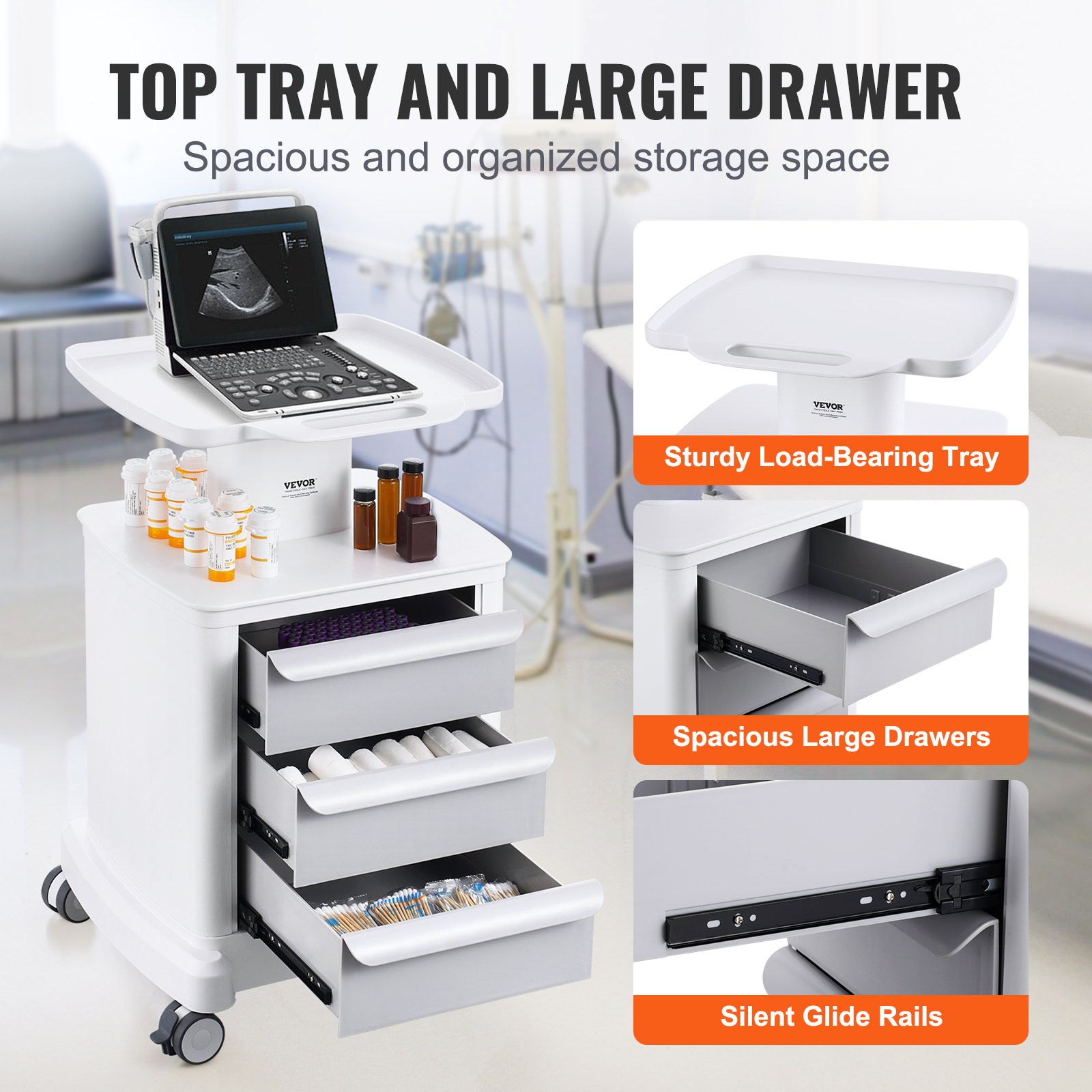 VEVOR Carros de laboratorio de 4 niveles, carro utilitario de laboratorio con 3 cajones y 1 bandeja superior, carro médico móvil con material ABS, carro rodante de laboratorio con 4 ruedas silenciosas para laboratorio, clínica, hospital, salón, blanco