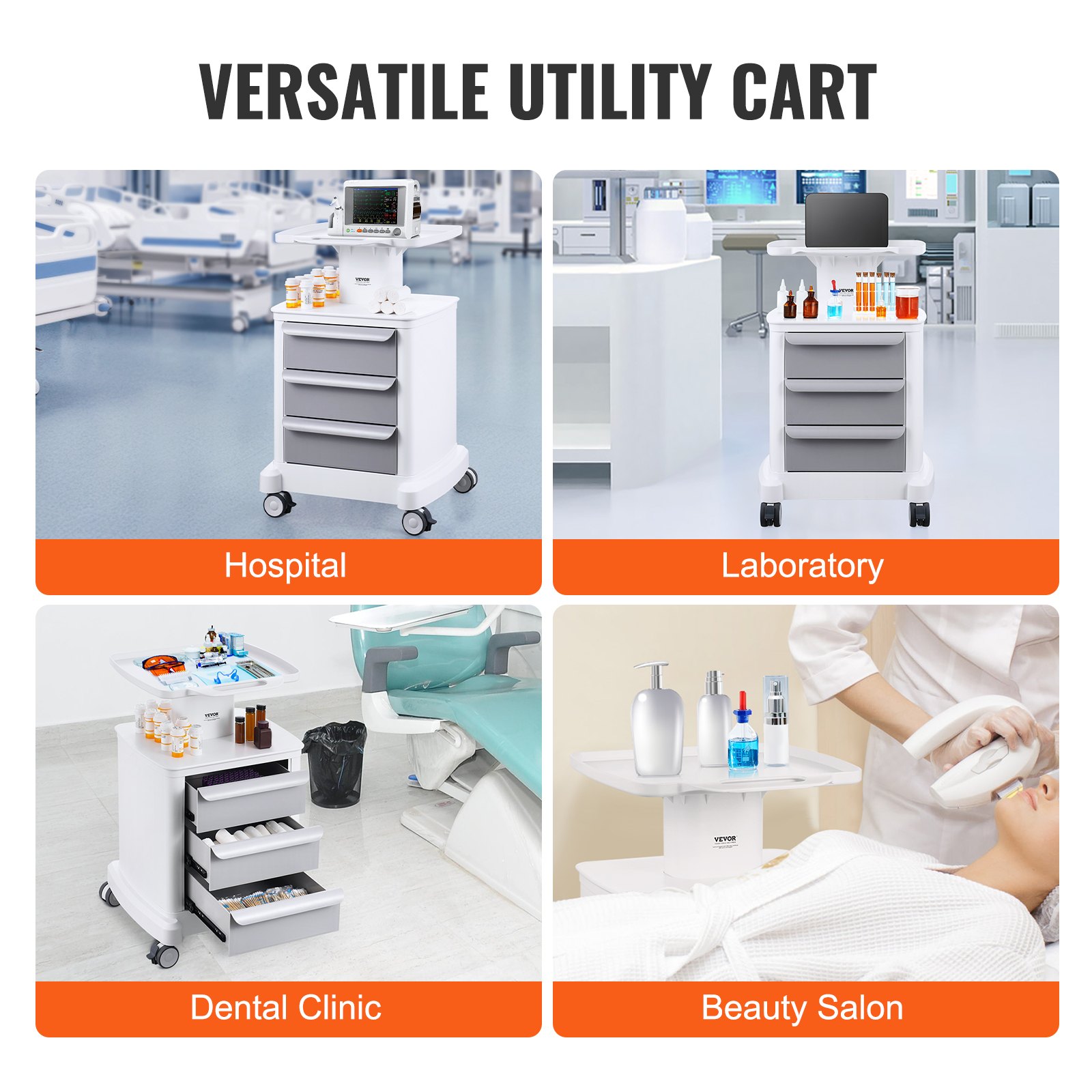 VEVOR Carros de laboratorio de 4 niveles, carro utilitario de laboratorio con 3 cajones y 1 bandeja superior, carro médico móvil con material ABS, carro rodante de laboratorio con 4 ruedas silenciosas para laboratorio, clínica, hospital, salón, blanco