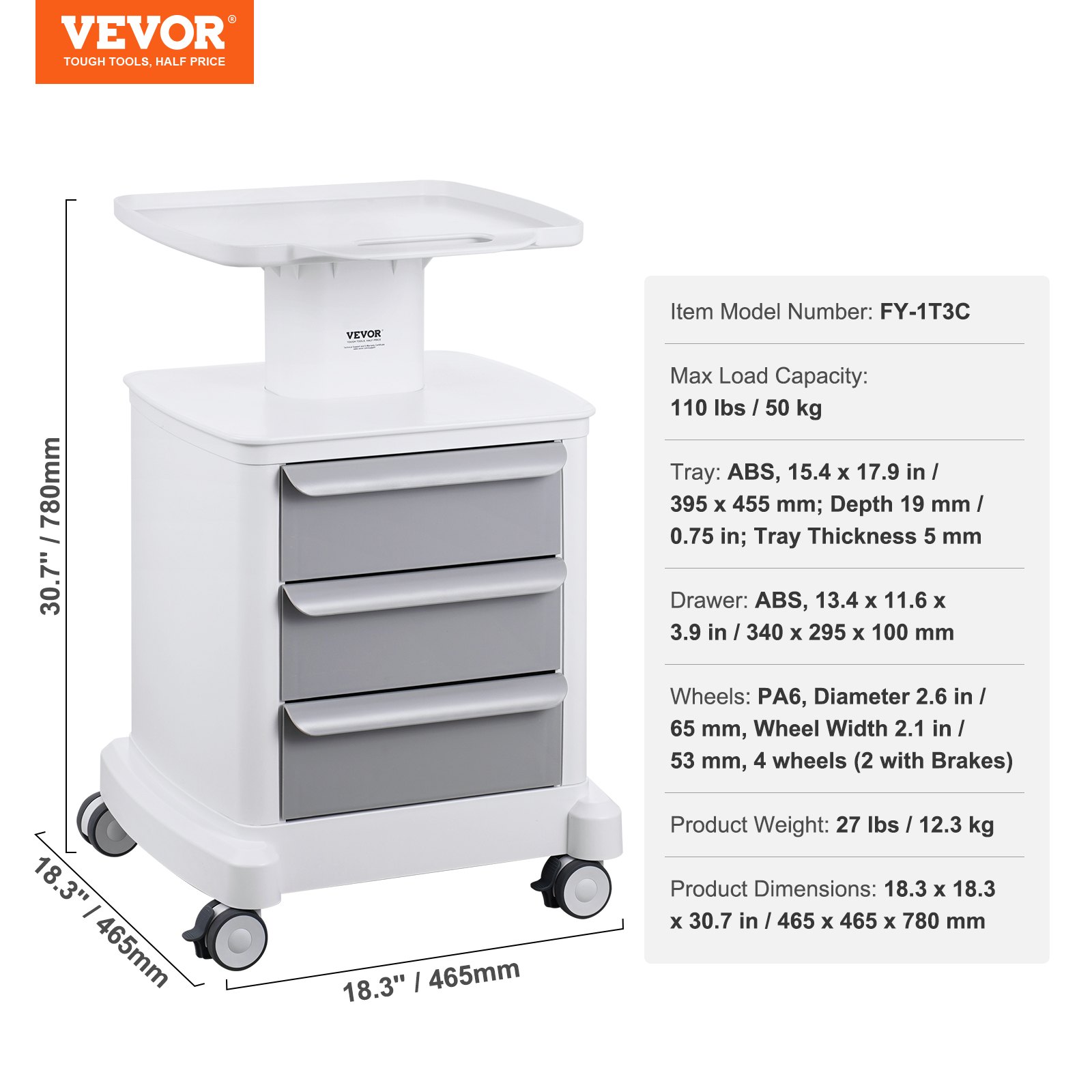 VEVOR Carros de laboratorio de 4 niveles, carro utilitario de laboratorio con 3 cajones y 1 bandeja superior, carro médico móvil con material ABS, carro rodante de laboratorio con 4 ruedas silenciosas para laboratorio, clínica, hospital, salón, blanco