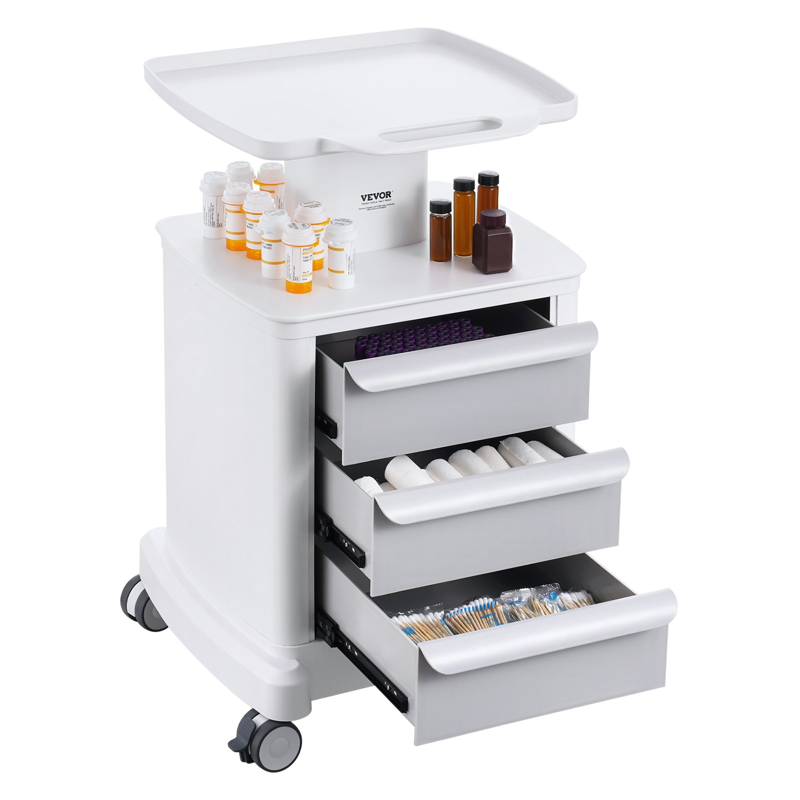 VEVOR Carros de laboratorio de 4 niveles, carro utilitario de laboratorio con 3 cajones y 1 bandeja superior, carro médico móvil con material ABS, carro rodante de laboratorio con 4 ruedas silenciosas para laboratorio, clínica, hospital, salón, blanco