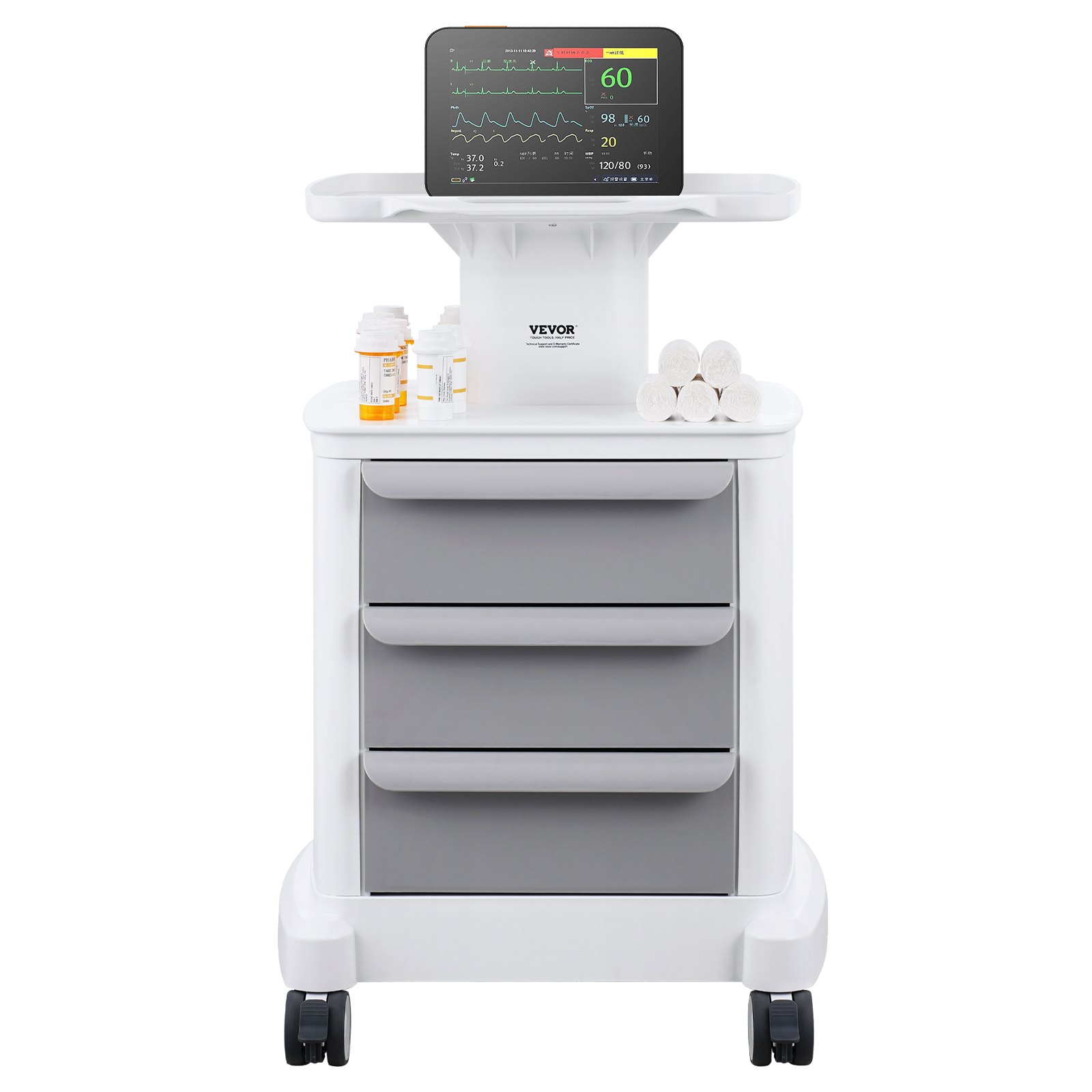 VEVOR Carros de laboratorio de 4 niveles, carro utilitario de laboratorio con 3 cajones y 1 bandeja superior, carro médico móvil con material ABS, carro rodante de laboratorio con 4 ruedas silenciosas para laboratorio, clínica, hospital, salón, blanco