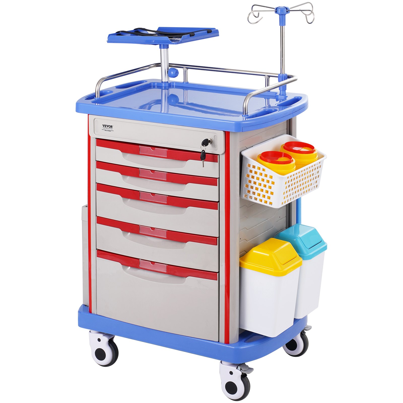 VEVOR - Carros de laboratorio de 5 niveles, carro utilitario de laboratorio con 5 cajones y 4 ruedas silenciosas, carro médico móvil con material PP, carro rodante de laboratorio con 2 botes de basura para laboratorio, clínica, hospital, salón, azul