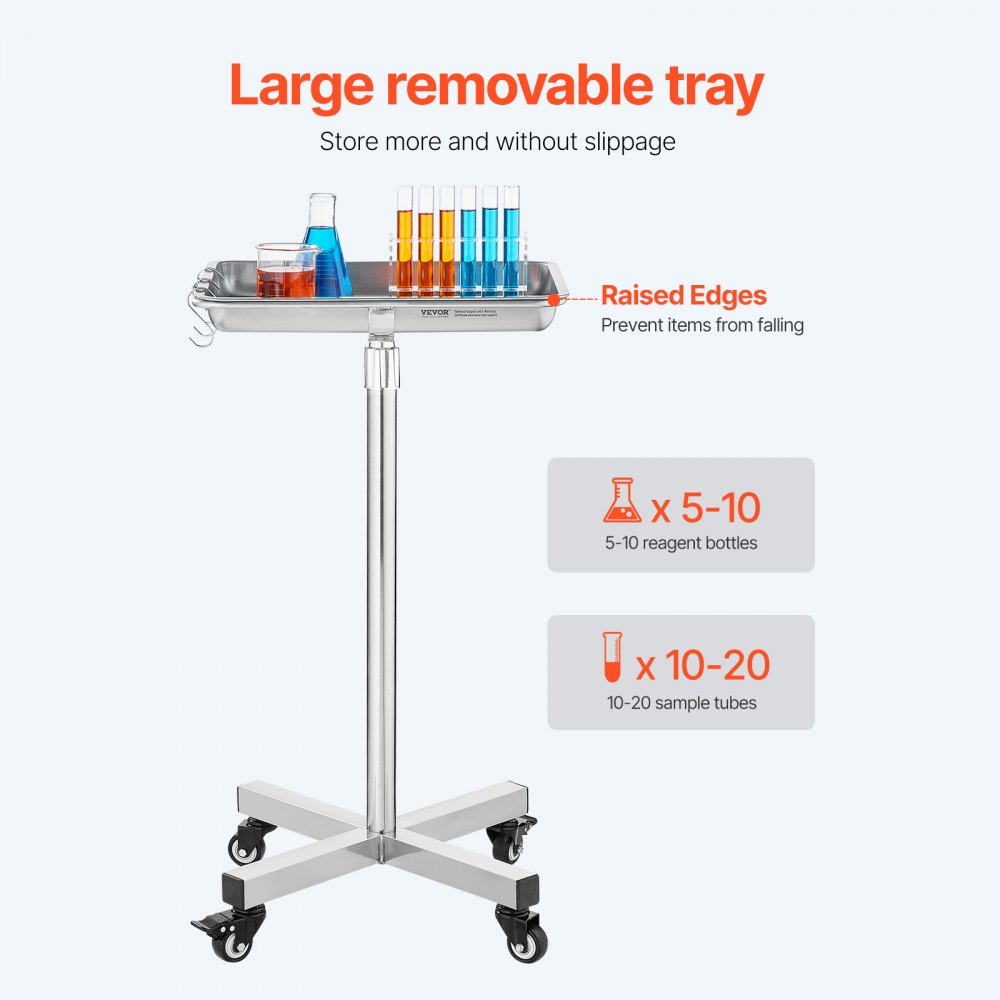 VEVOR Carro de Laboratorio de Acero Inoxidable Carga de 16 kg Asistente Silencioso Altura Ajustable 84-132,5 cm Bandeja Médica Extraíble para Almacenamiento de Equipos, Clínica, Salón de Belleza