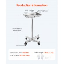 VEVOR Carro de Laboratorio de Acero Inoxidable Carga de 16 kg Altura 84-132,5 cm