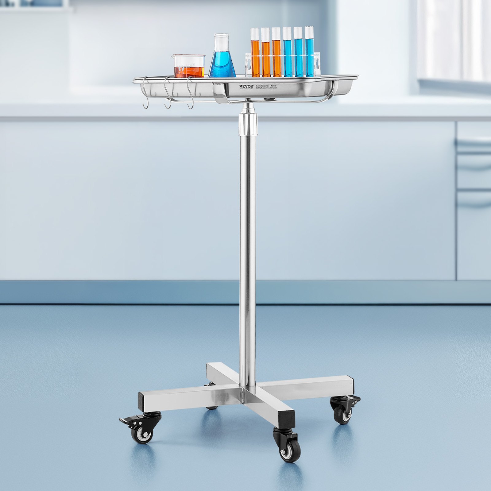 VEVOR Carro de Laboratorio de Acero Inoxidable Carga de 16 kg Asistente Silencioso Altura Ajustable 84-132,5 cm Bandeja Médica Extraíble para Almacenamiento de Equipos, Clínica, Salón de Belleza