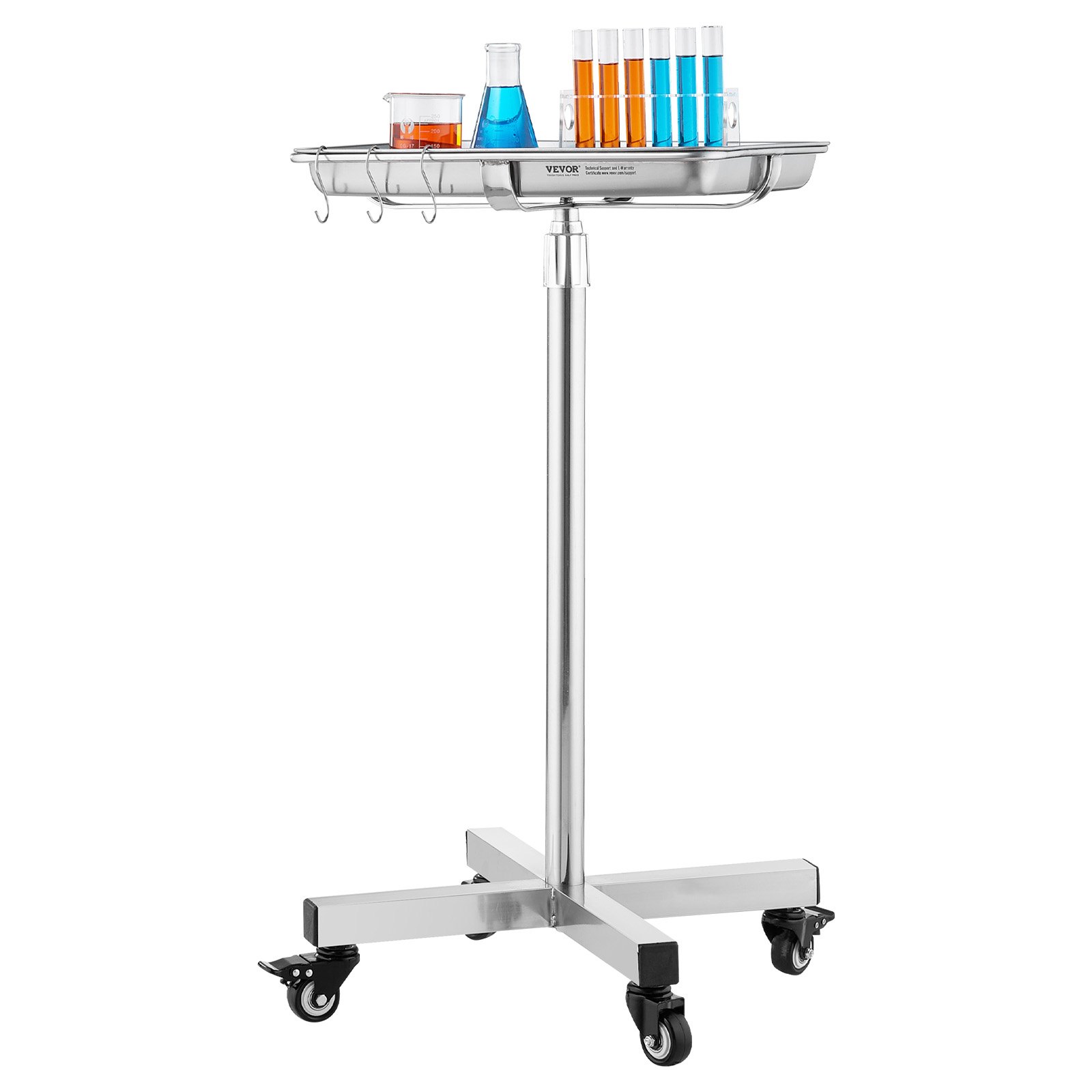 VEVOR Carro de Laboratorio de Acero Inoxidable Carga de 16 kg Asistente Silencioso Altura Ajustable 84-132,5 cm Bandeja Médica Extraíble para Almacenamiento de Equipos, Clínica, Salón de Belleza
