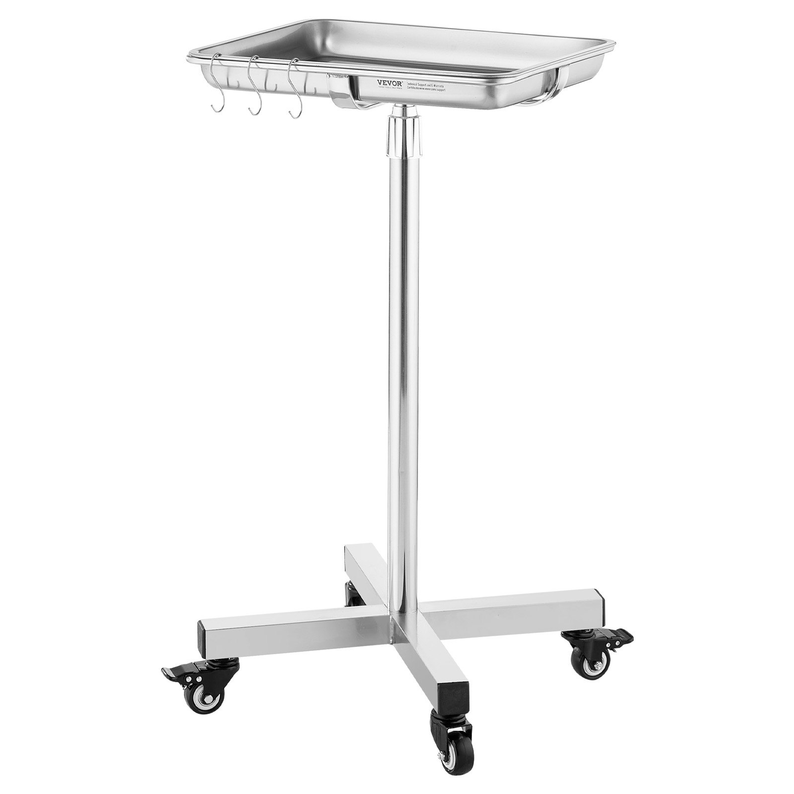 VEVOR Carro de Laboratorio de Acero Inoxidable Carga de 16 kg Asistente Silencioso Altura Ajustable 84-132,5 cm Bandeja Médica Extraíble para Almacenamiento de Equipos, Clínica, Salón de Belleza