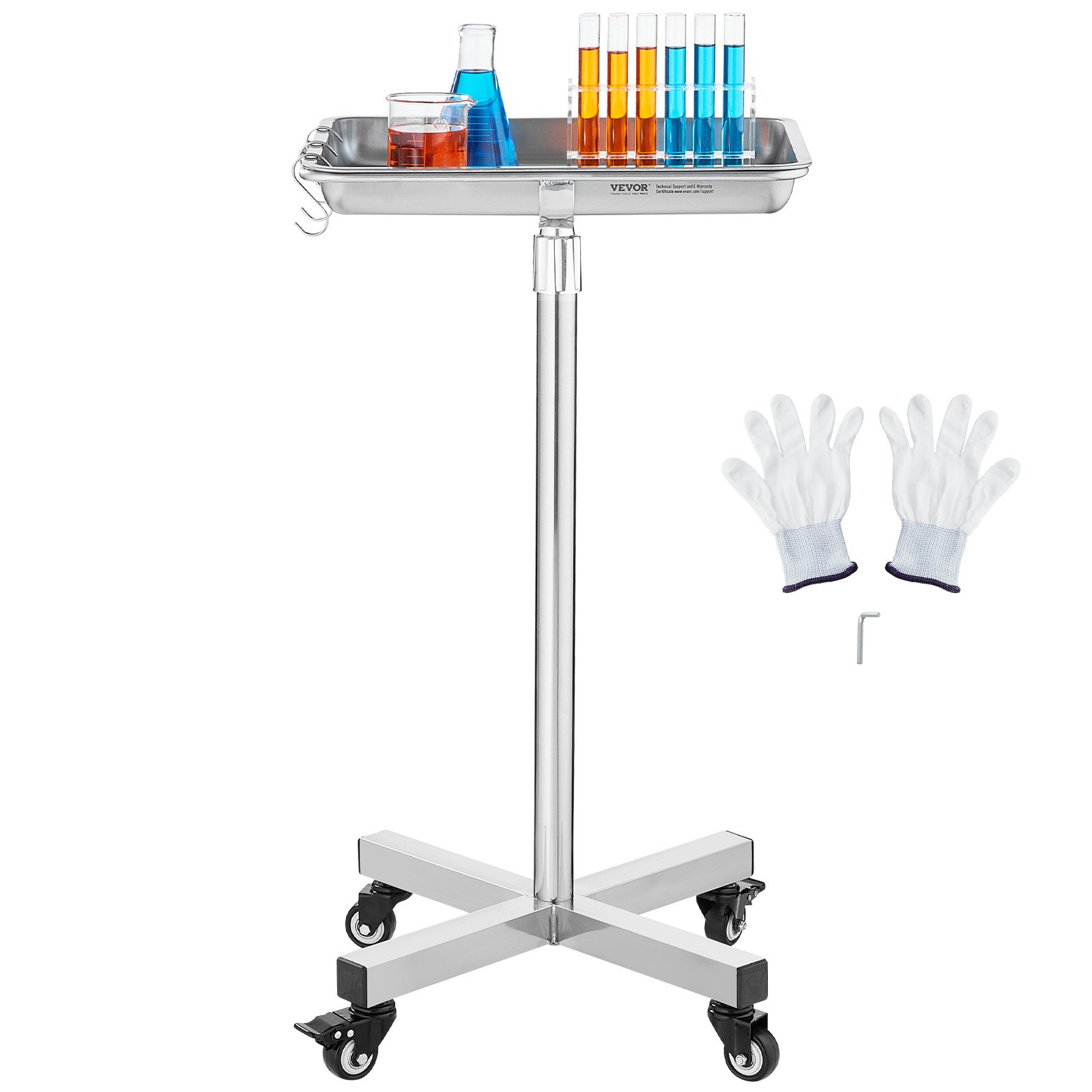 VEVOR Carro de Laboratorio de Acero Inoxidable Carga de 16 kg Asistente Silencioso Altura Ajustable 84-132,5 cm Bandeja Médica Extraíble para Almacenamiento de Equipos, Clínica, Salón de Belleza