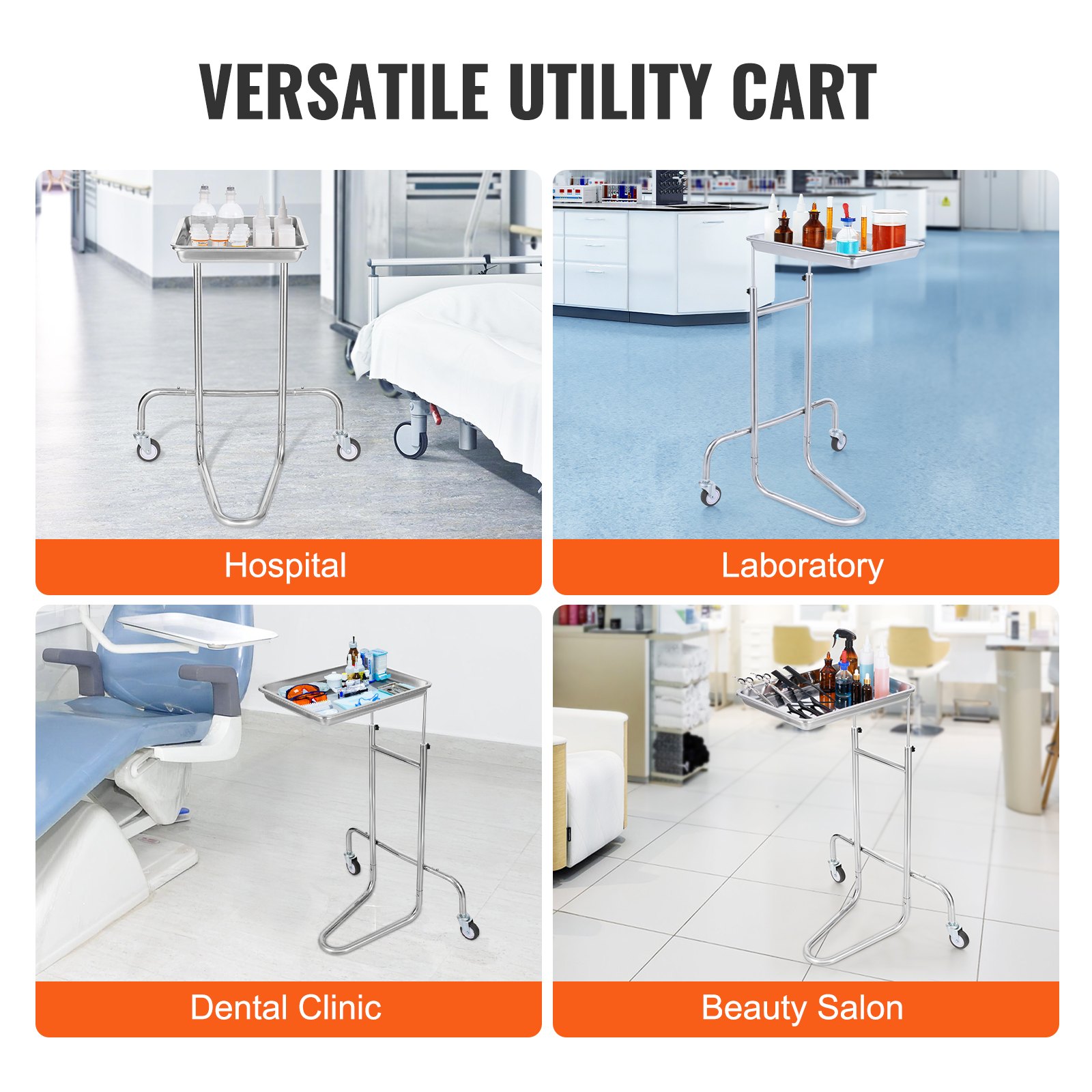 VEVOR stainless steel laboratory trolley, laboratory trolley with single shelf, mobile medical trolley with 2 quiet wheels, laboratory trolley for laboratory, clinic, hospital, salon