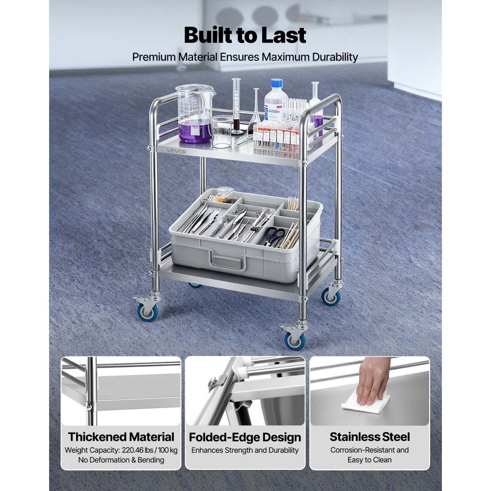 VEVOR Carro de Laboratorio de Acero Inoxidable 2 Niveles con Ruedas Bloqueables, Bandeja de Almacenamiento Móvil Resistente para Hospitales, Restaurantes, Cocinas, Salones, 515 x 410 x 870 mm