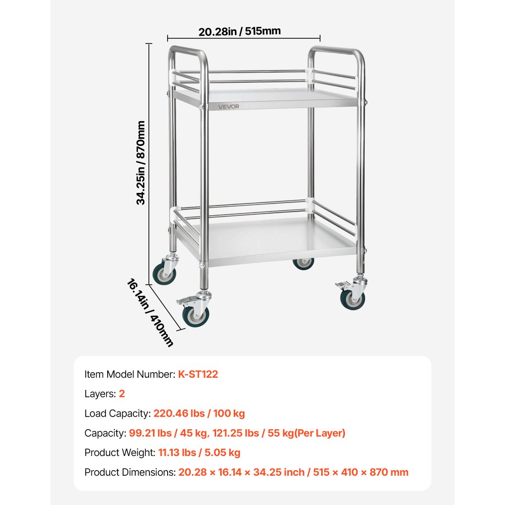 VEVOR Carro de Laboratorio de Acero Inoxidable 2 Niveles con Ruedas Bloqueables, Bandeja de Almacenamiento Móvil Resistente para Hospitales, Restaurantes, Cocinas, Salones, 515 x 410 x 870 mm