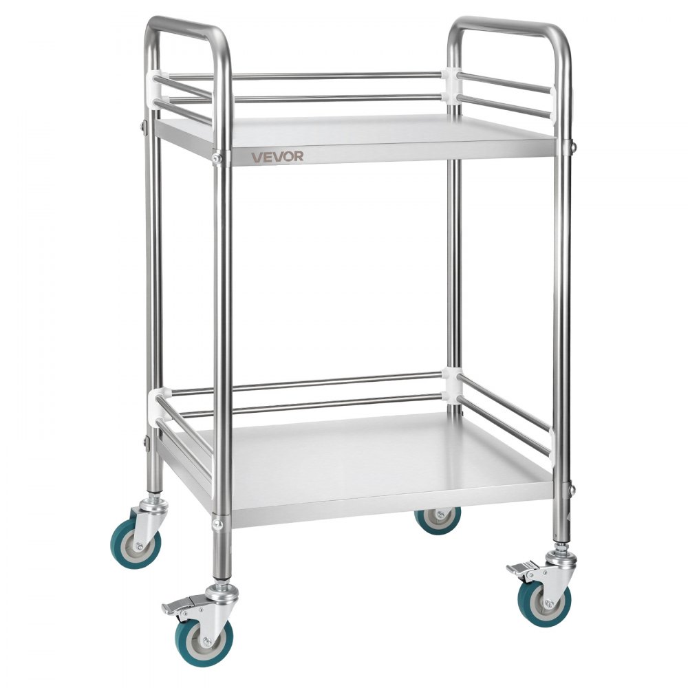 VEVOR Carro de Laboratorio de Acero Inoxidable 2 Niveles con Ruedas Bloqueables, Bandeja de Almacenamiento Móvil Resistente para Hospitales, Restaurantes, Cocinas, Salones, 515 x 410 x 870 mm